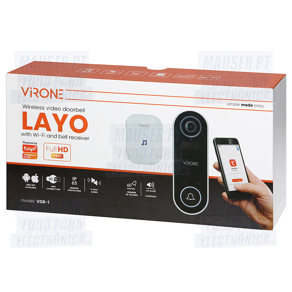 LAYO VIRONE Campainha de vídeo inteligente WiFi 1080p (compatível c/ Tuya) sem  fio a bateria - IP65